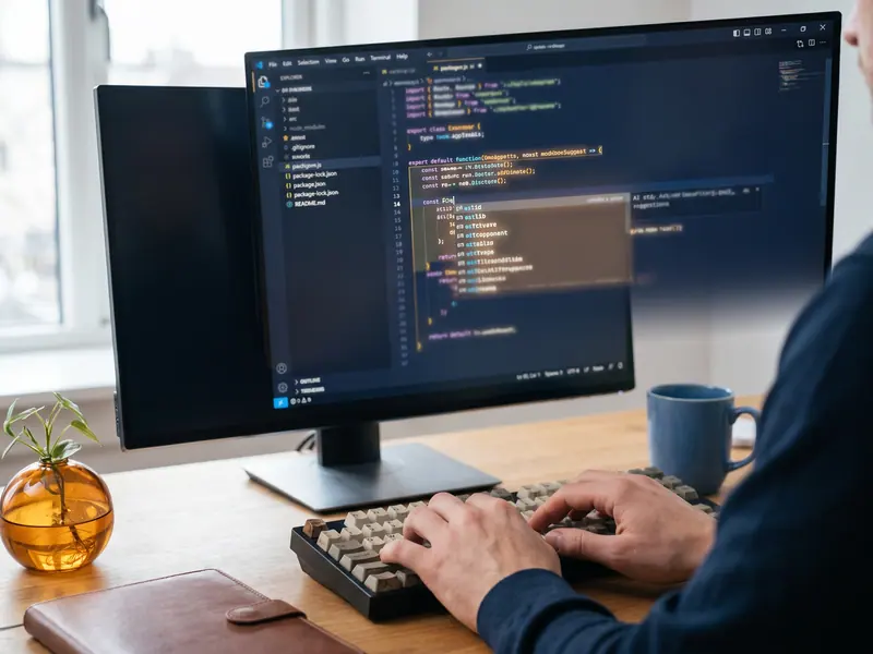 AI inline code suggestions appearing in a modern IDE editor — representing IDE-native tools like Cursor, GitHub Copilot, and Windsurf