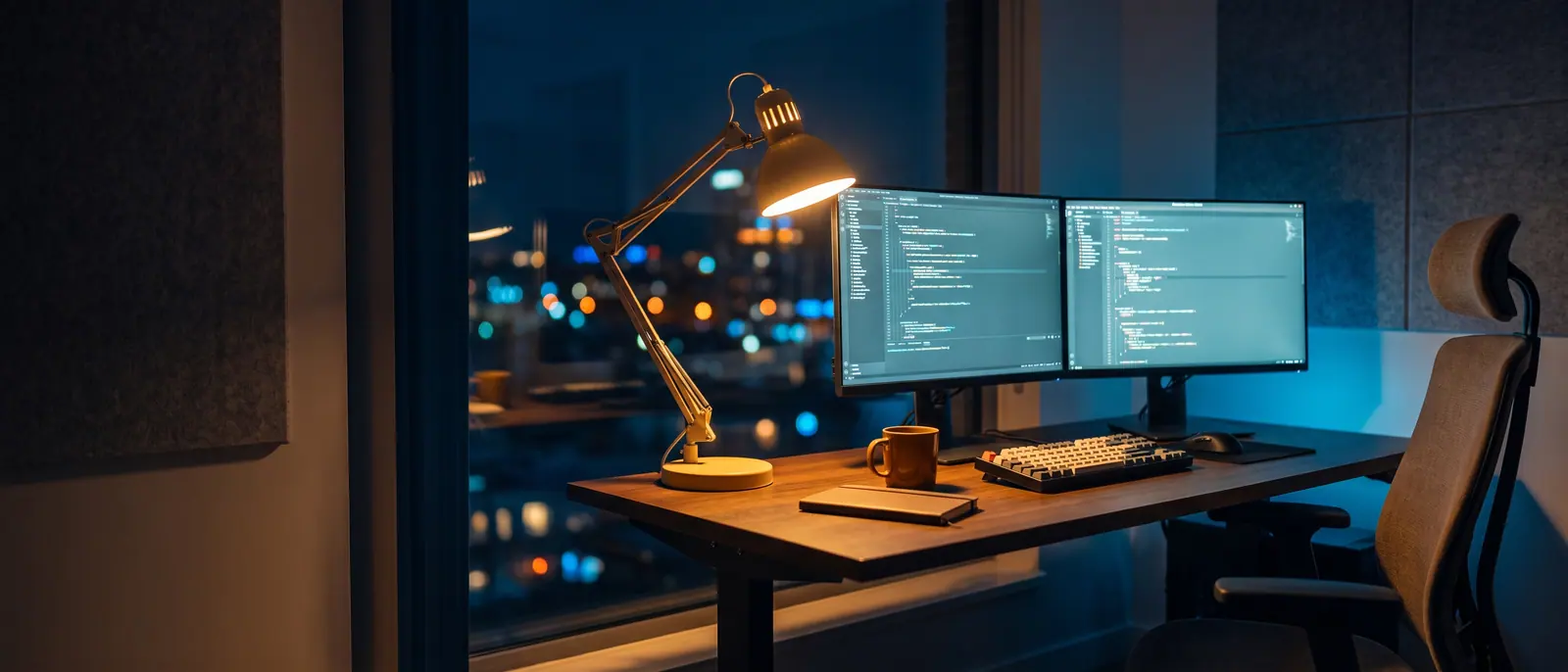Developer workstation with AI-assisted code on screen at night