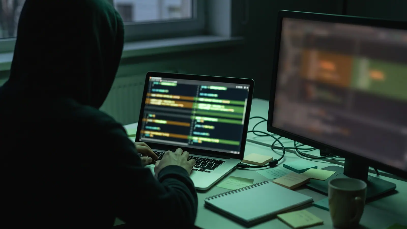 A developer reviewing a code diff on a laptop in low, green-tinted light